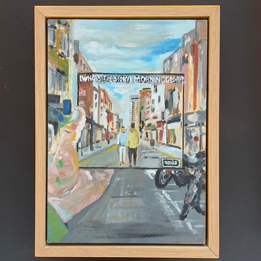 A creative oil painting reimagining the Oasis (What's the Story) Morning Glory? album cover on a city street, framed in wood, available at HEADS Art Gallery.
