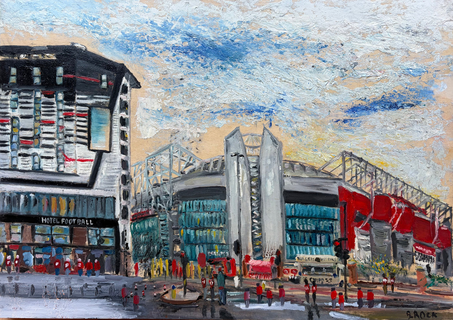 Textured painting of the Manchester United football stadium and the neighboring Hotel Football under a cloudy sky, available at HEADS Art Gallery.
