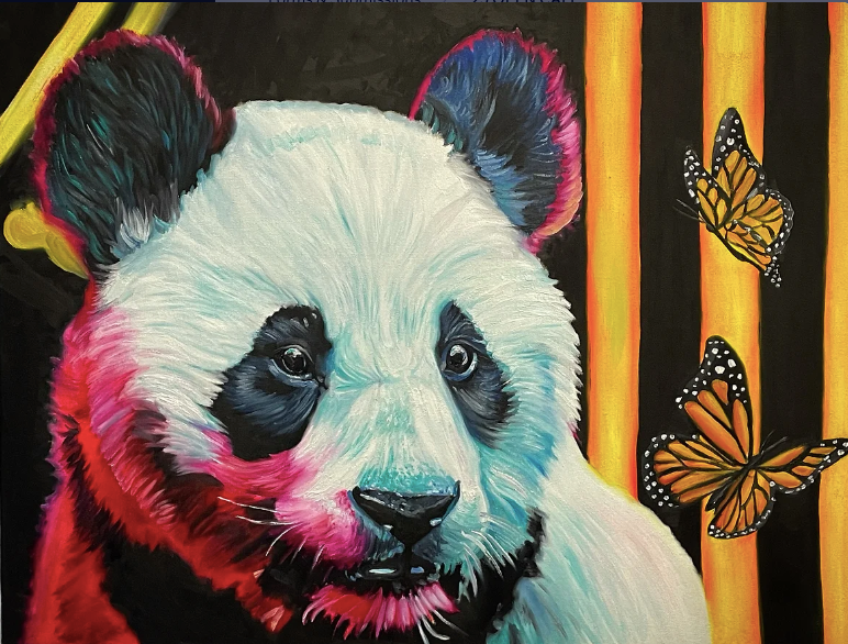 Striking wildlife painting of a panda with red and blue fur highlights accompanied by two monarch butterflies on a black background, available at HEADS Art Gallery.