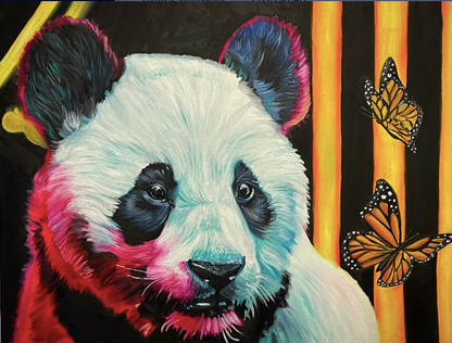 Striking wildlife painting of a panda with red and blue fur highlights accompanied by two monarch butterflies on a black background, available at HEADS Art Gallery.