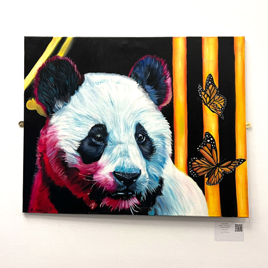 Striking wildlife painting of a panda with red and blue fur highlights accompanied by two monarch butterflies on a black background, available at HEADS Art Gallery.