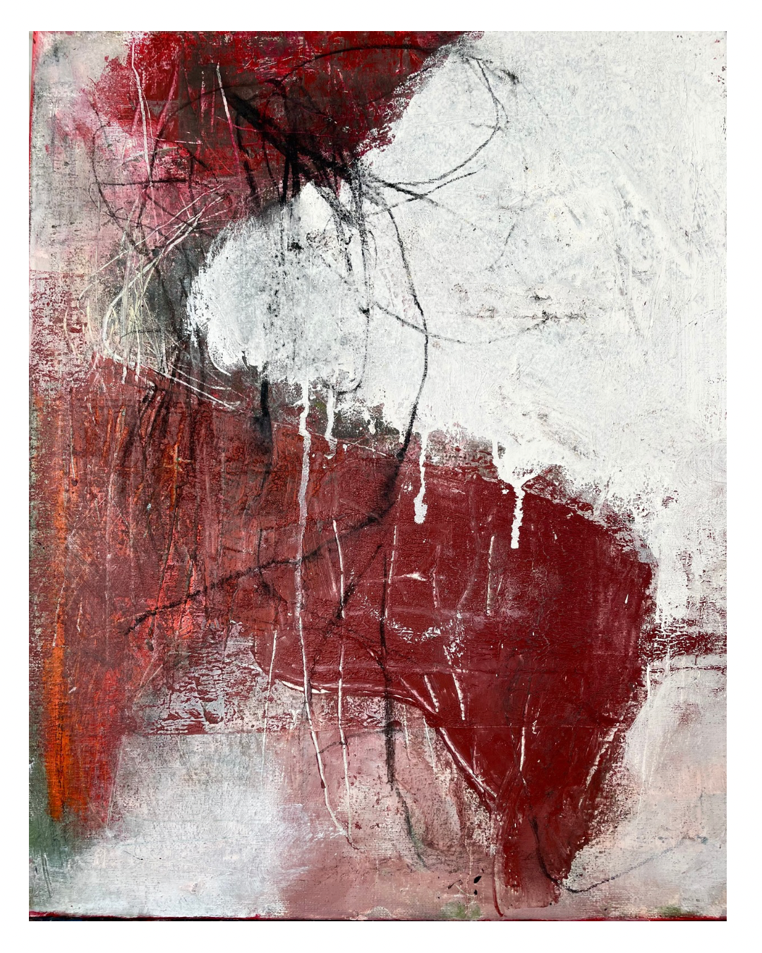 Minimalist abstract piece featuring a bold block of deep red paint contrasting with a stark white background and aggressive black line work, available at HEADS Art Gallery.