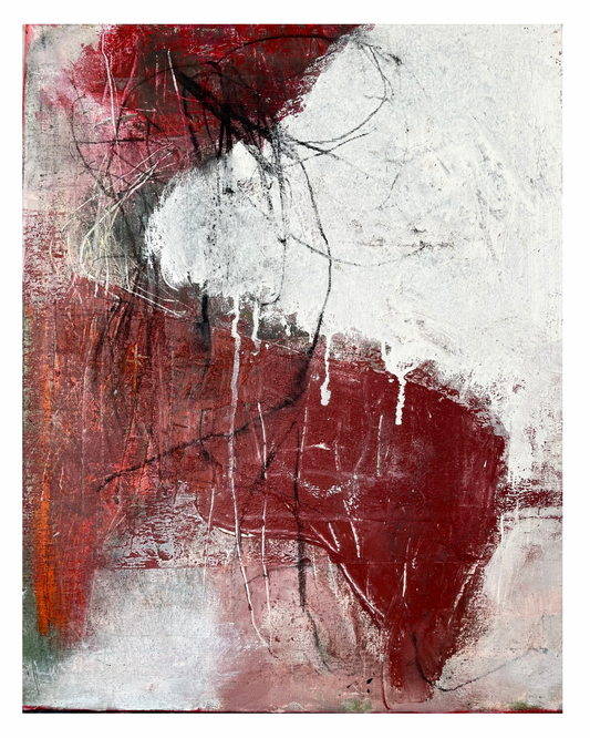 Minimalist abstract piece featuring a bold block of deep red paint contrasting with a stark white background and aggressive black line work, available at HEADS Art Gallery.