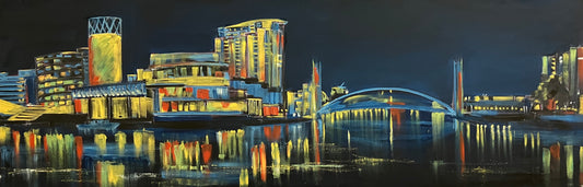 Vibrant expressionist painting of the Salford Quays and MediaCityUK skyline at night, featuring glowing yellow windows and colorful reflections on the water, available at HEADS Art Gallery.