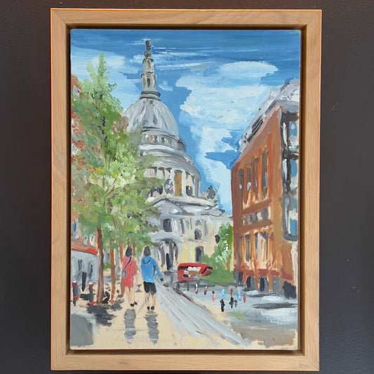 Impressionist cityscape painting of St Paul's Cathedral in London with figures walking along a tree-lined street, available at HEADS Art Gallery.