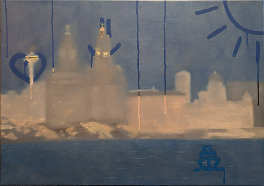 Artistic Liverpool skyline and waterfront in hazy blue tones with playful hand-drawn elements like a heart and sun, available at HEADS Art Gallery.