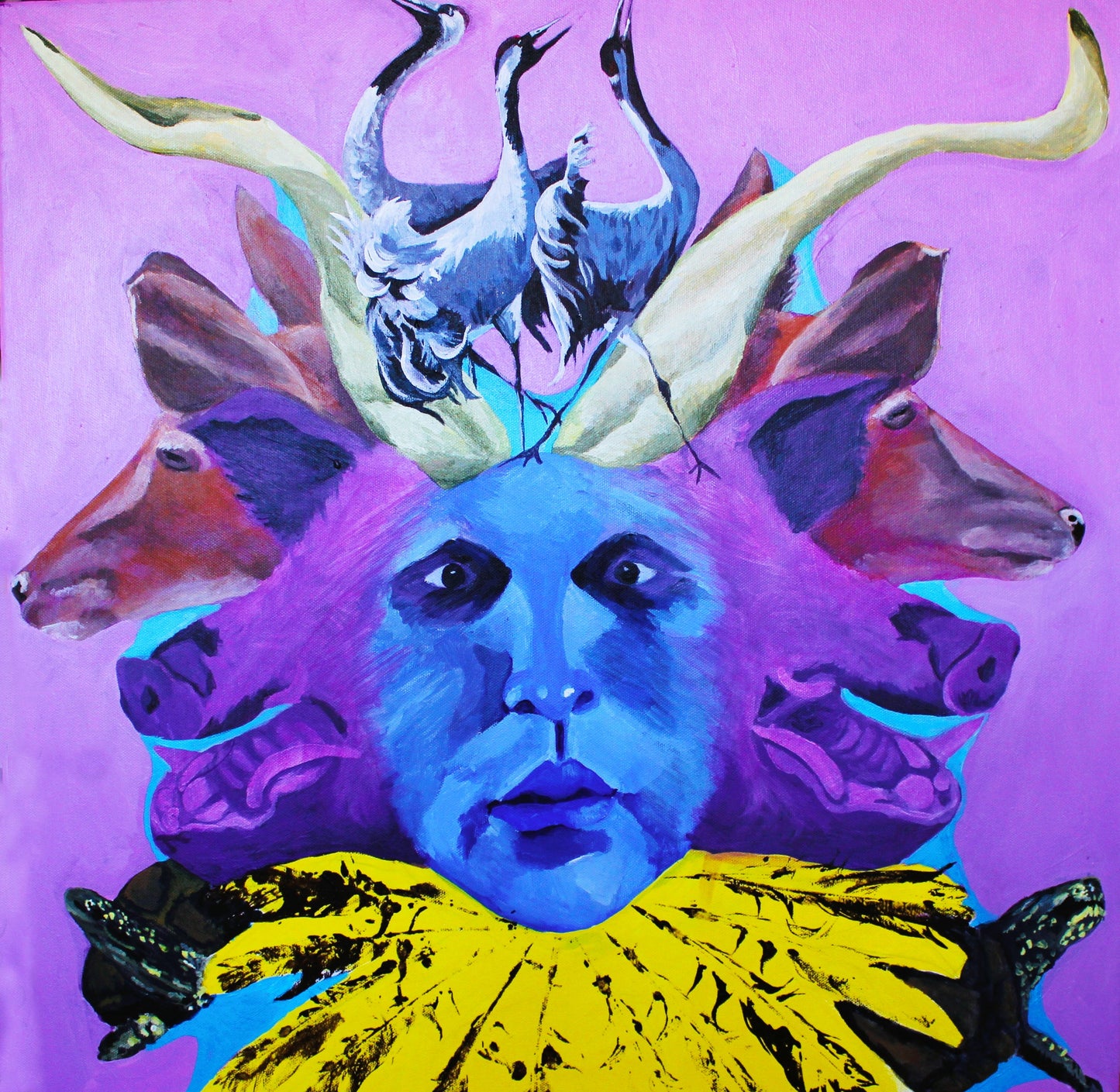 Vibrant purple and blue surrealist painting featuring a central face surrounded by animal heads like pigs, deer, and birds on a pink background, available at HEADS Art Gallery.