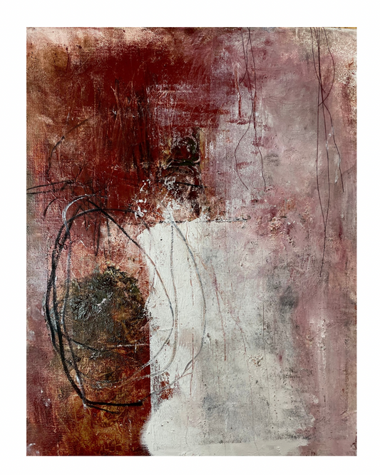 Textured abstract expressionist painting dominated by deep red and white fields with thin black scribbles and vertical dripping paint effects, available at HEADS Art Gallery.