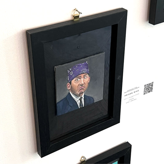 Humorous acrylic portrait painting of Steve Carell as "Prison Mike" from The Office, wearing a purple bandana and a scowling expression, available at HEADS Art Gallery.