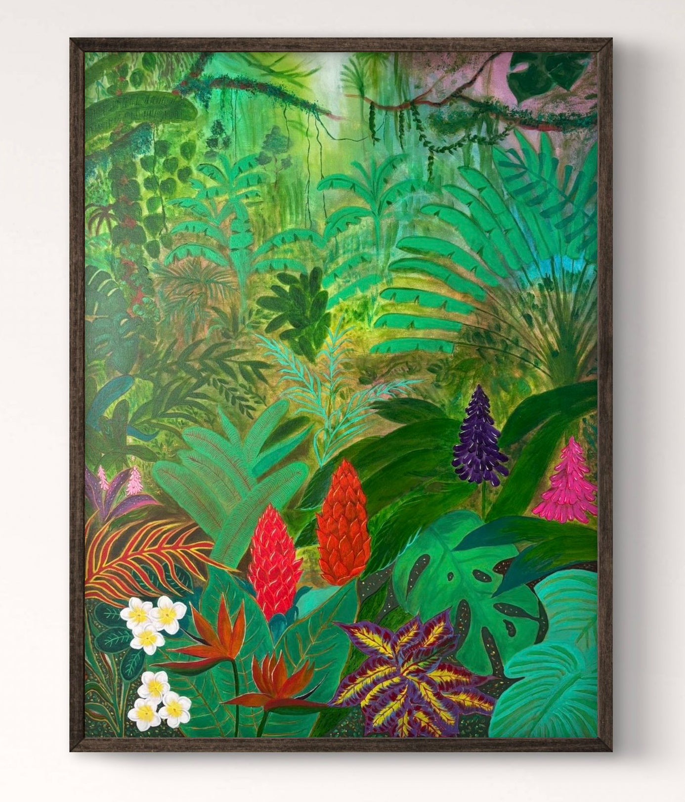 Lush and detailed botanical painting of a tropical jungle filled with vibrant green palm leaves, red ginger flowers, and exotic purple flora, available at HEADS Art Gallery.
