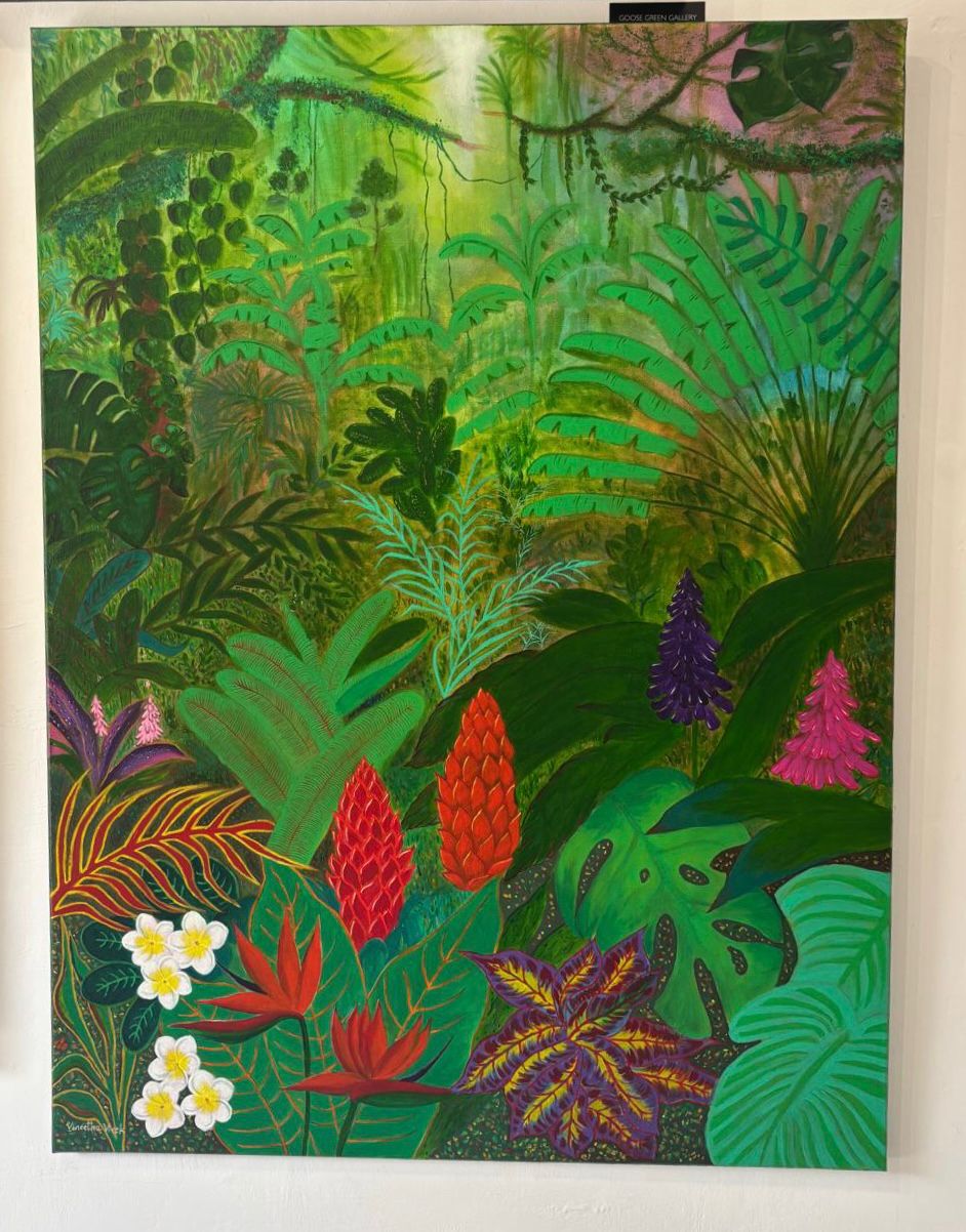 Lush and detailed botanical painting of a tropical jungle filled with vibrant green palm leaves, red ginger flowers, and exotic purple flora, available at HEADS Art Gallery.