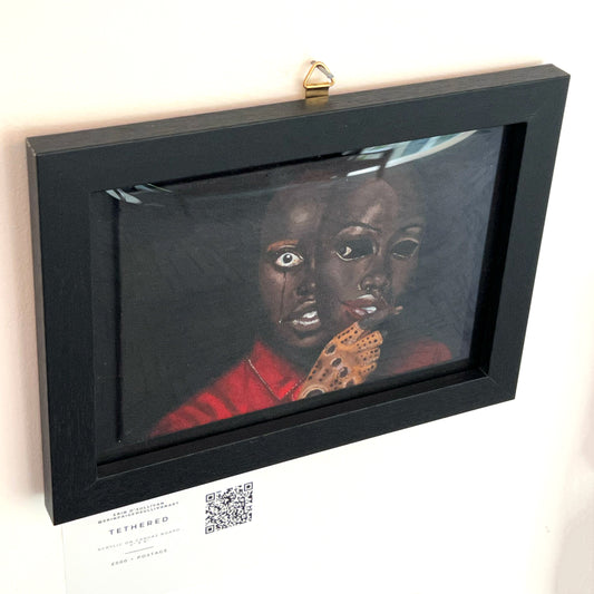 Double-exposure portrait inspired by the film "Us," showing two versions of a character's face with a tear and a gloved hand on a black background, available at HEADS Art Gallery.