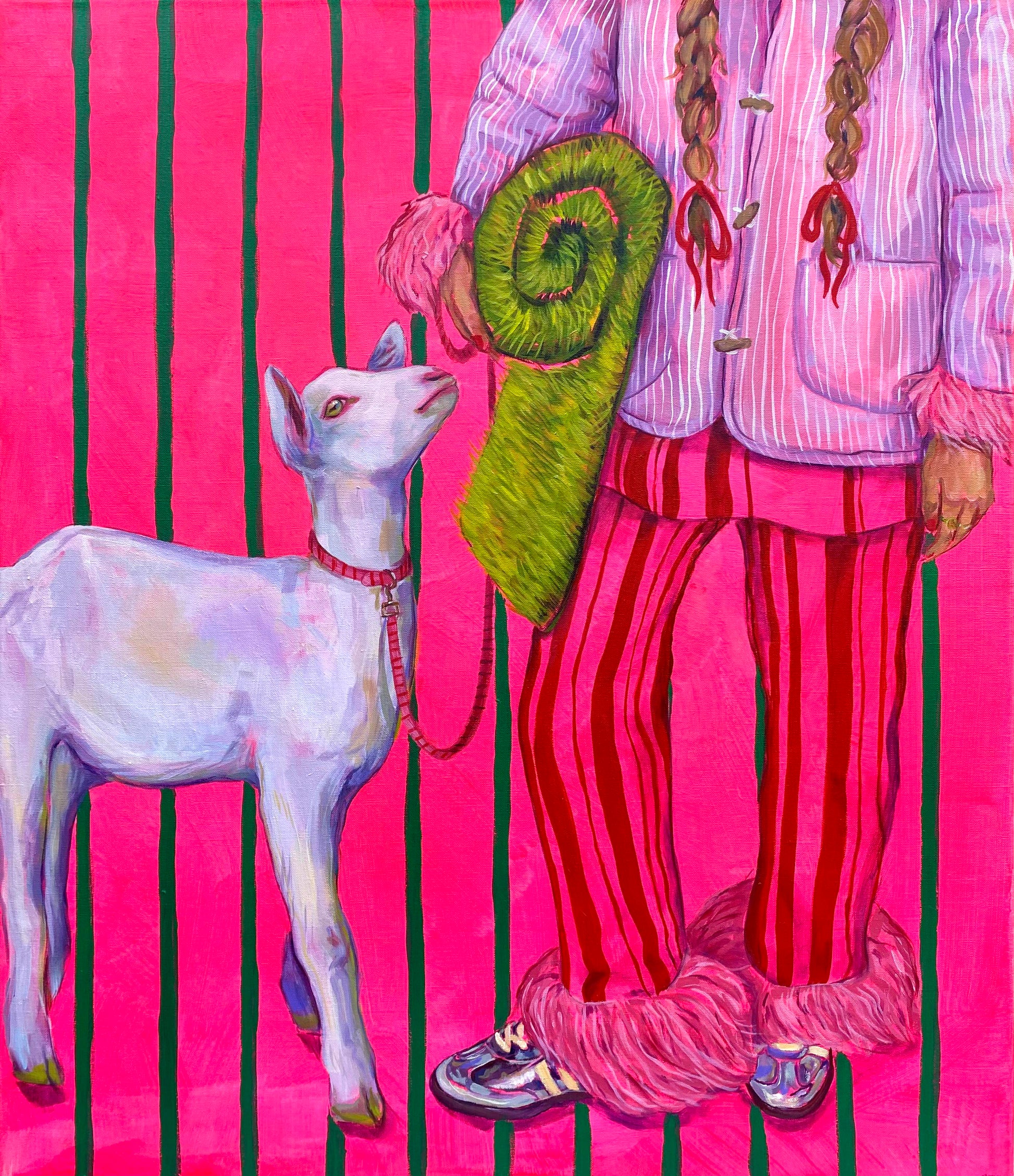 Pop art painting of a girl in pink striped pajamas holding a white goat on a leash, available at HEADS Art Gallery.