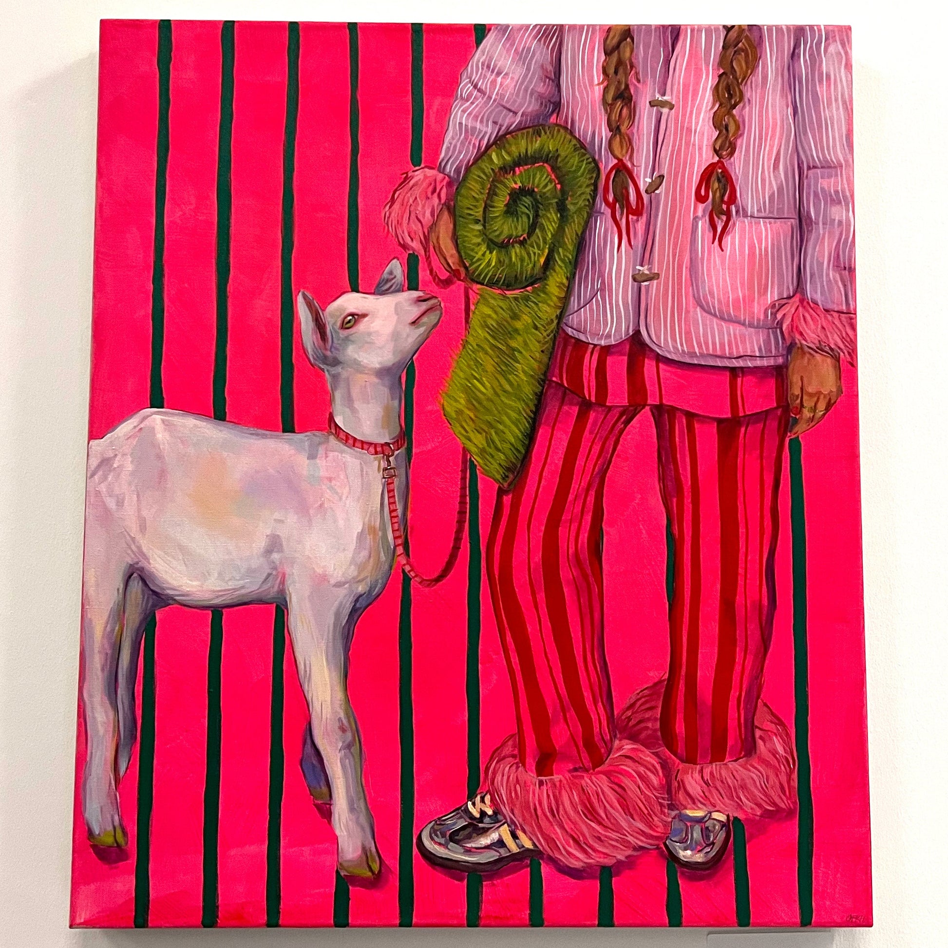 Pop art painting of a girl in pink striped pajamas holding a white goat on a leash, available at HEADS Art Gallery.