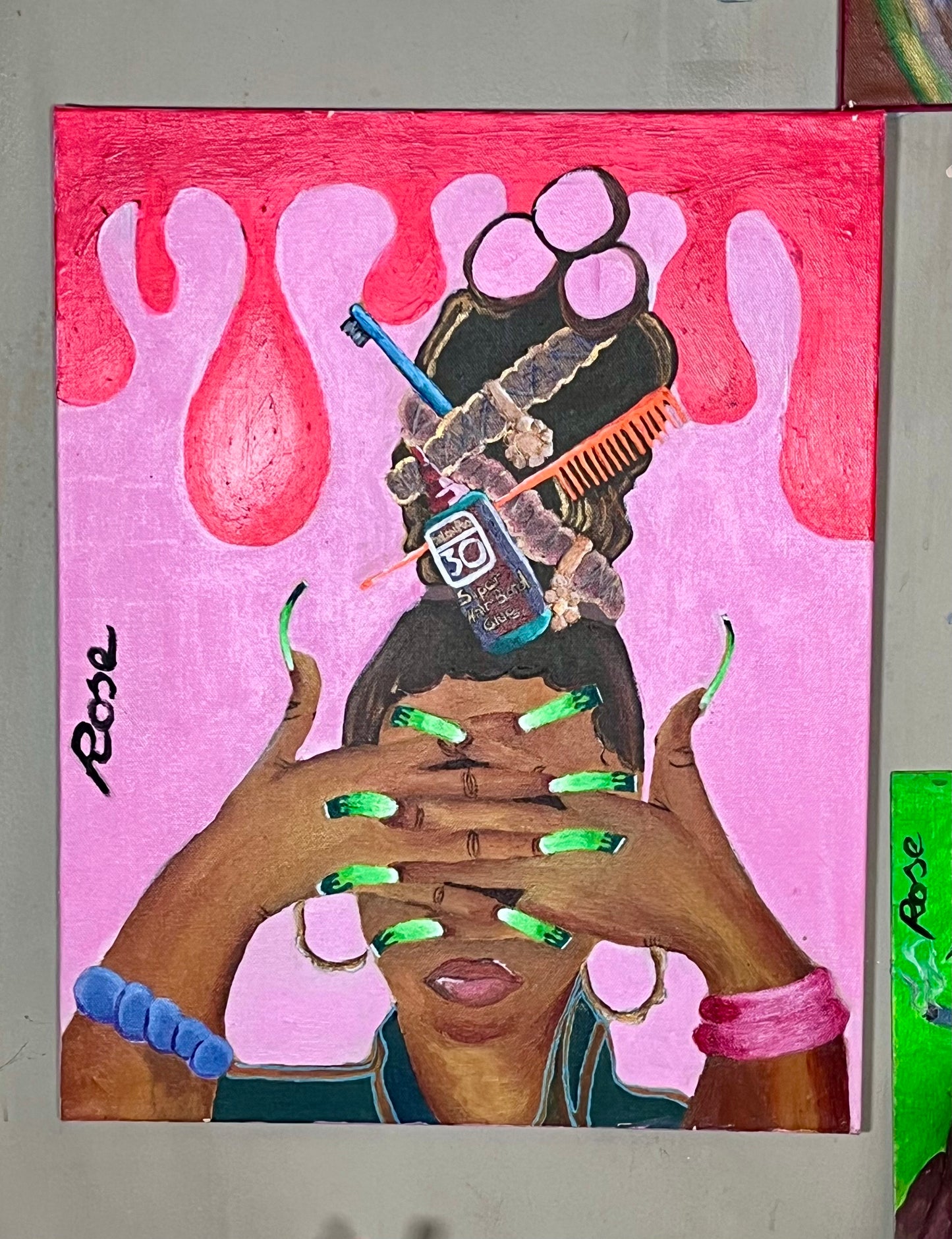 Artistic depiction of a person with hair products and tools on their head against a pink background.