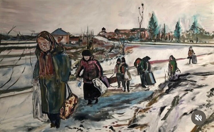 Painting of people walking through a snowy landscape with a town in the background