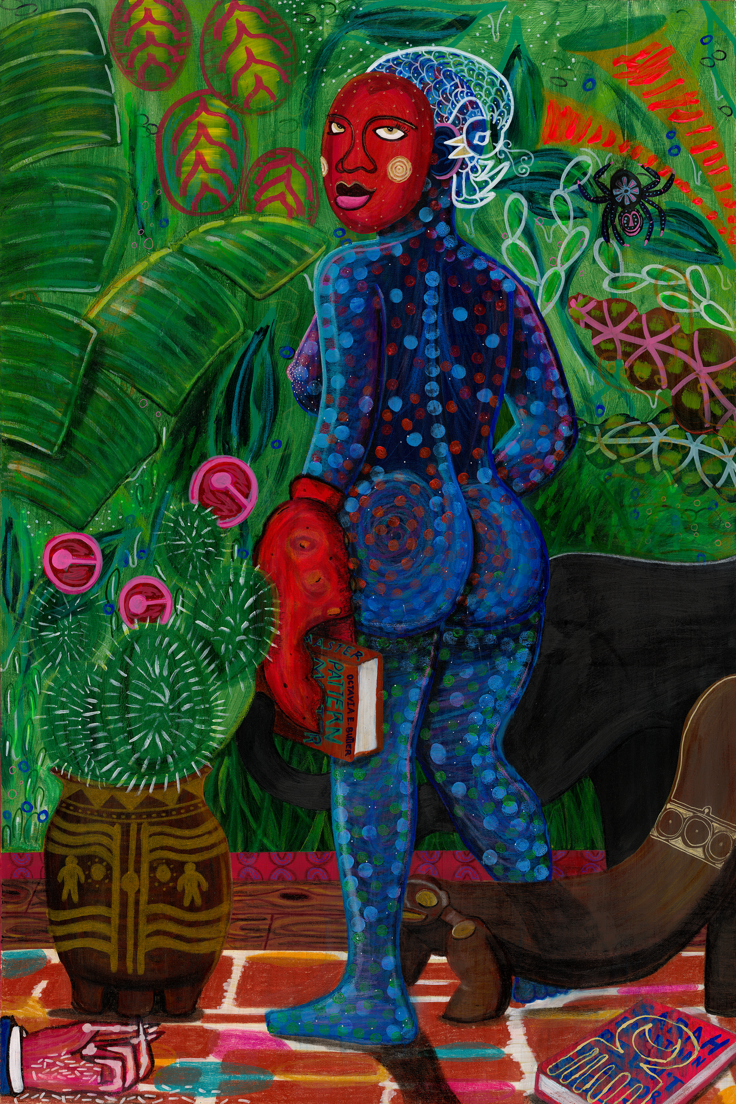 Colorful artwork of a person in a blue outfit with a red face, surrounded by green foliage and objects.