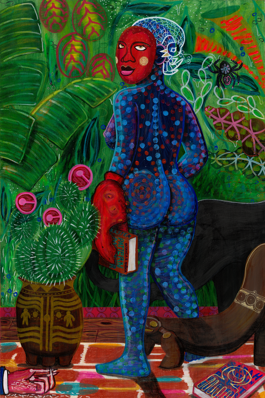 Colorful artwork of a person in a blue outfit with a red face, surrounded by green foliage and objects.