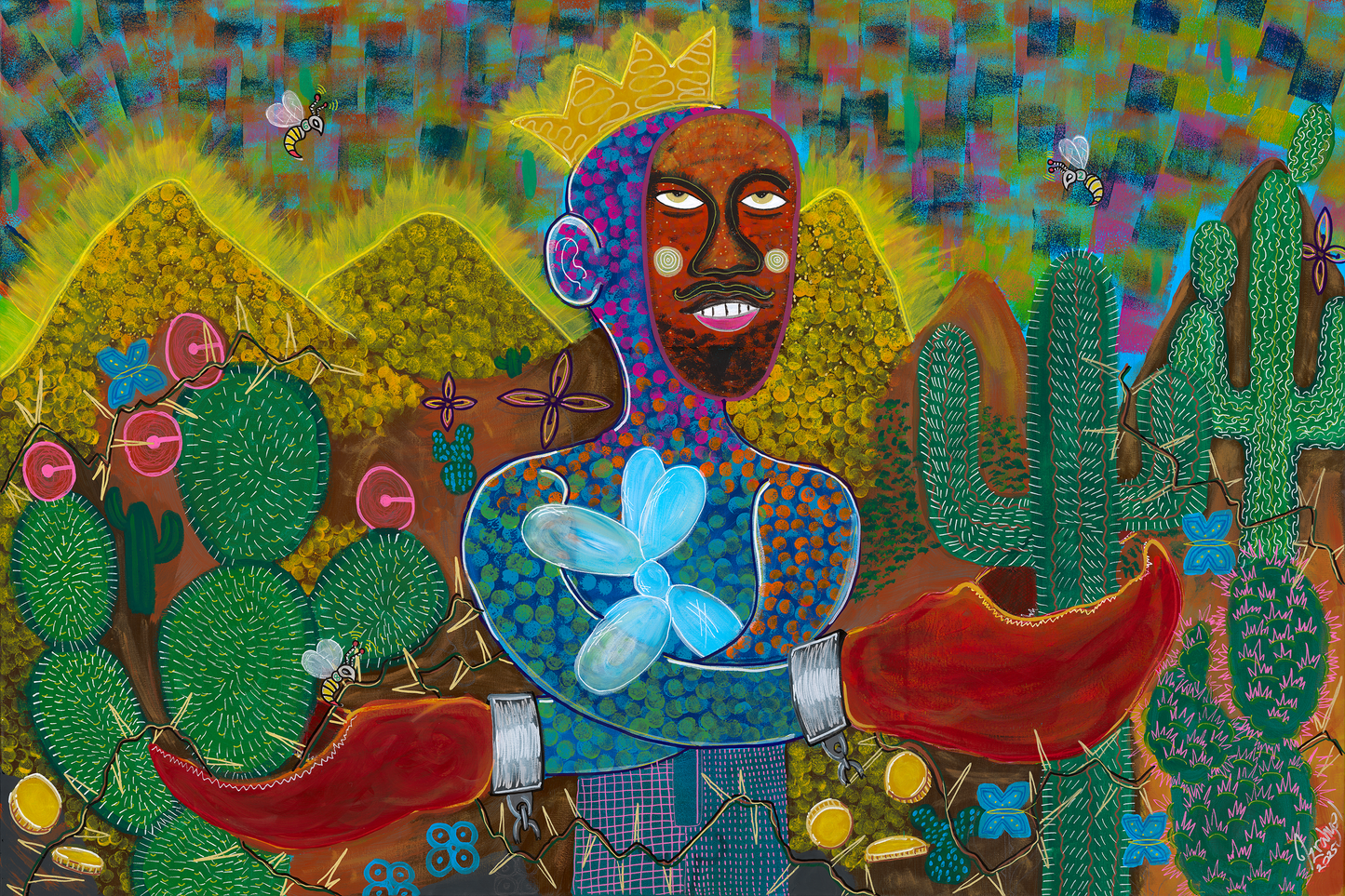 Colorful artwork of a person surrounded by cacti and flowers