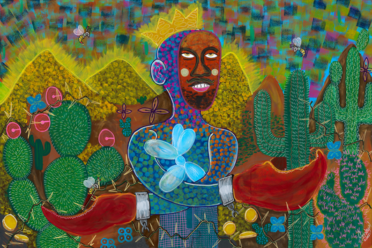 Colorful artwork of a person surrounded by cacti and flowers