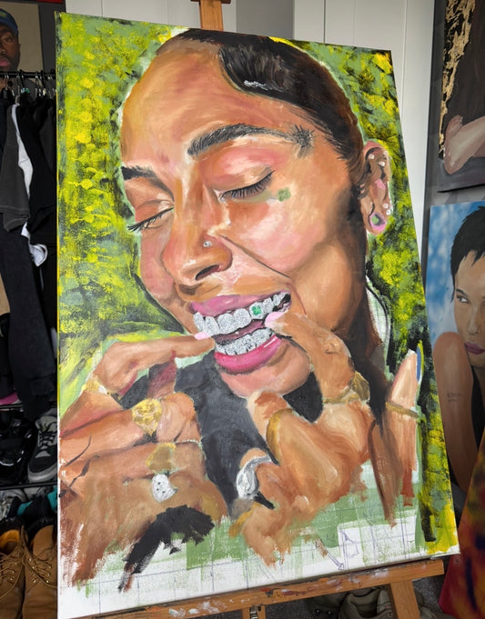 Artistic depiction of a person with jewelry, possibly a painting, in an indoor setting.