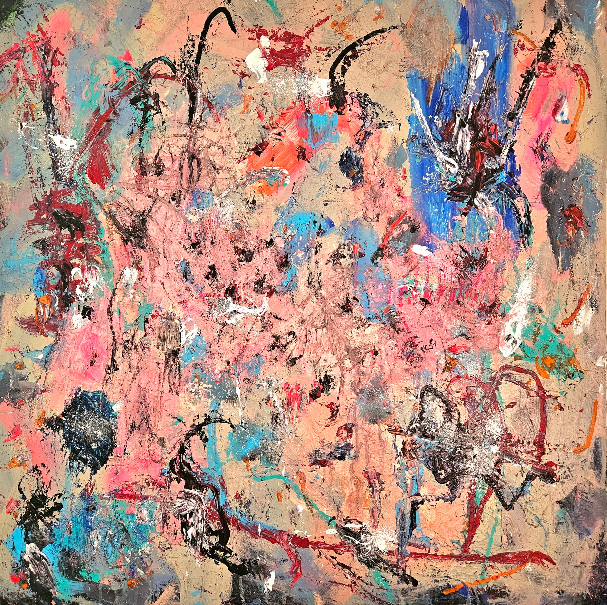 Abstract artwork with a mix of pink, blue, black, and red colors on a textured background.