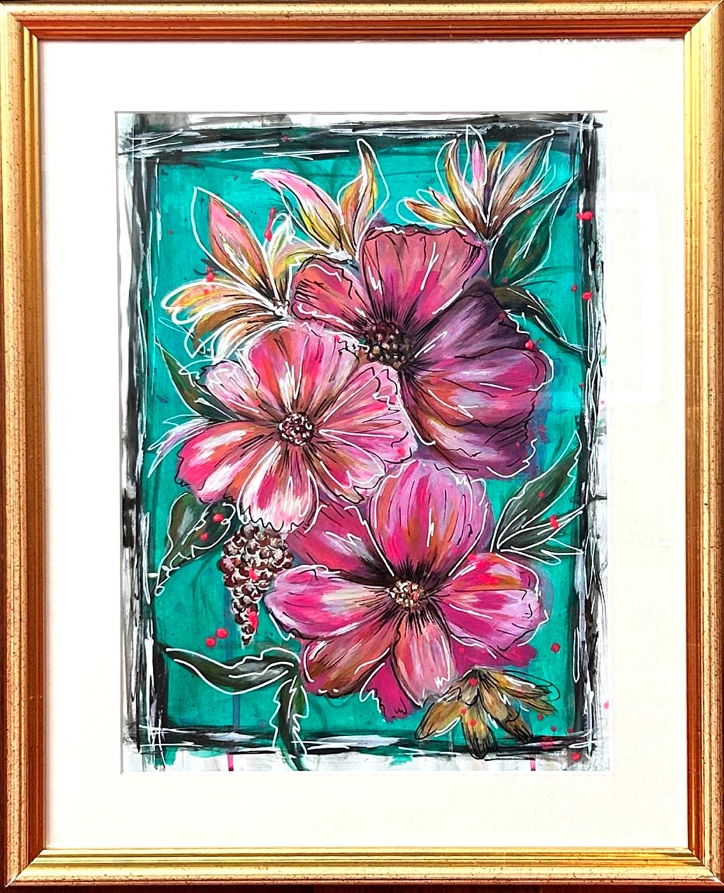 Framed artwork of pink flowers on a teal background