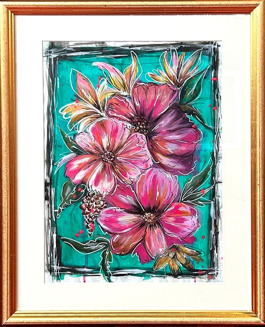 Framed artwork of pink flowers on a teal background