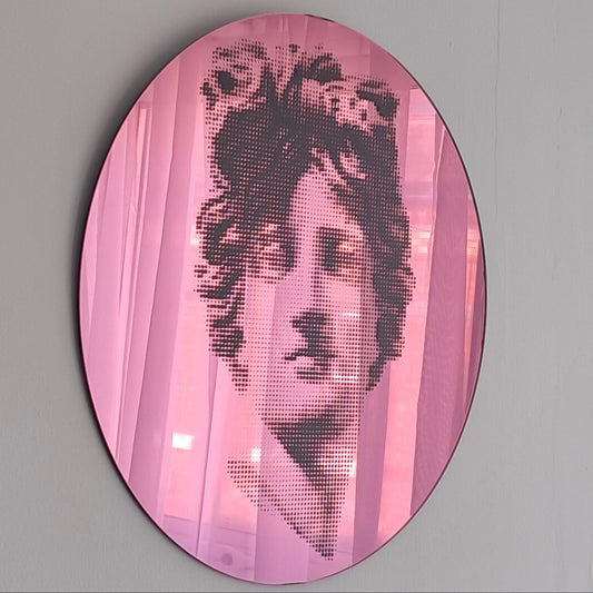Oval pink-tinted mirror featuring a halftone-dotted classical female portrait modern interior decor (Memento Mori), available at HEADS Art Gallery.
