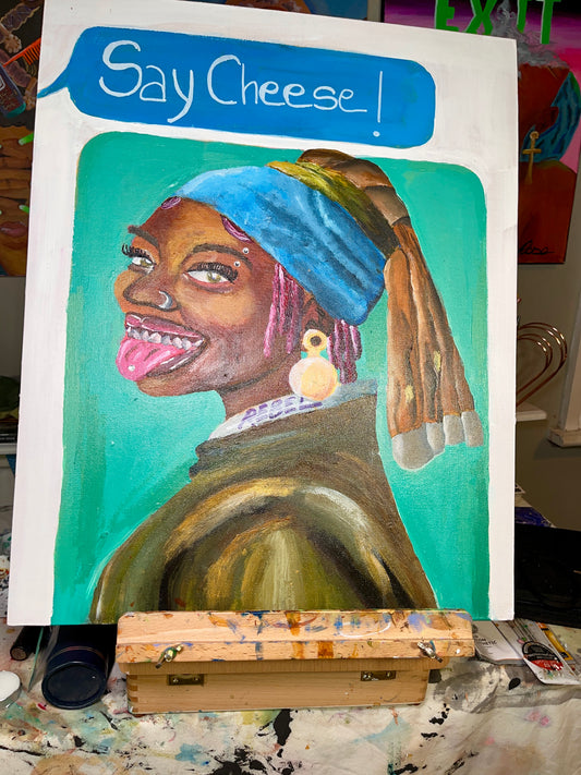 Painting of a person with a blue headscarf and pink lipstick, with 'Say Cheese!' text above.