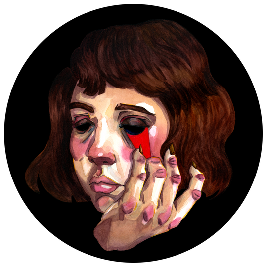 Artistic illustration of a person with a hand covering one eye on a black background