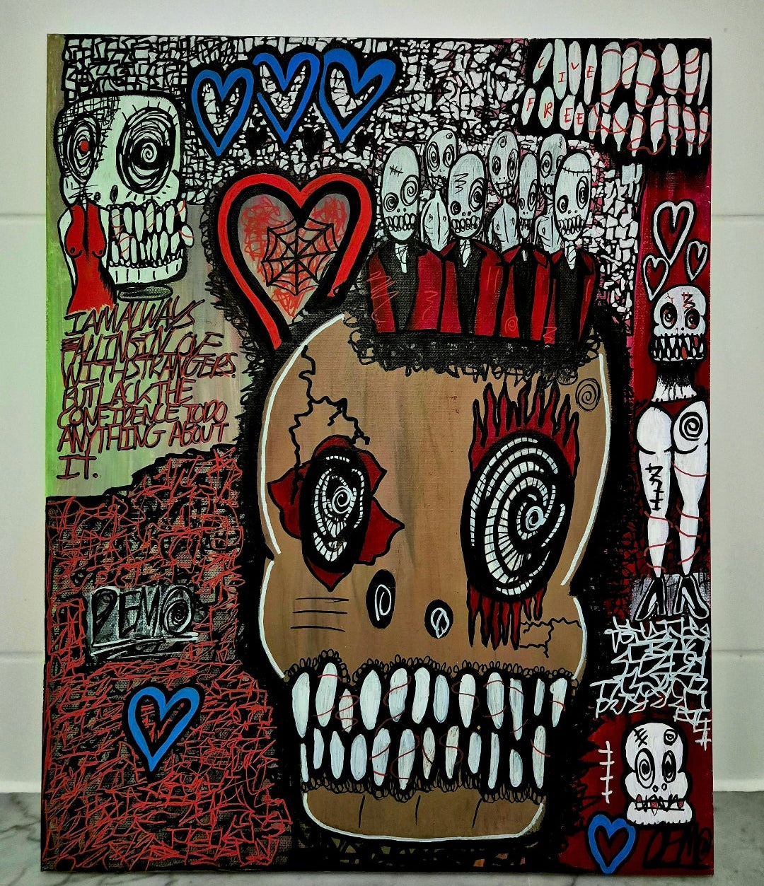 Artistic depiction of a skull with various elements and text on a colorful background.