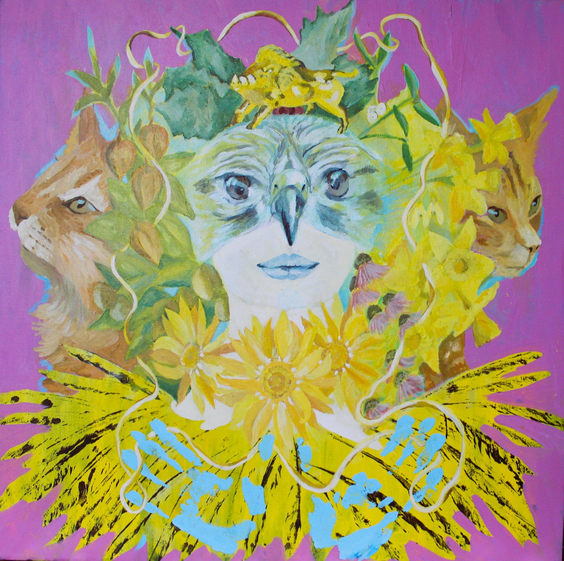Whimsical surrealist portrait of a face with an owl-like mask, topped with a wild boar and surrounded by sunflowers and cats, available at HEADS Art Gallery.
