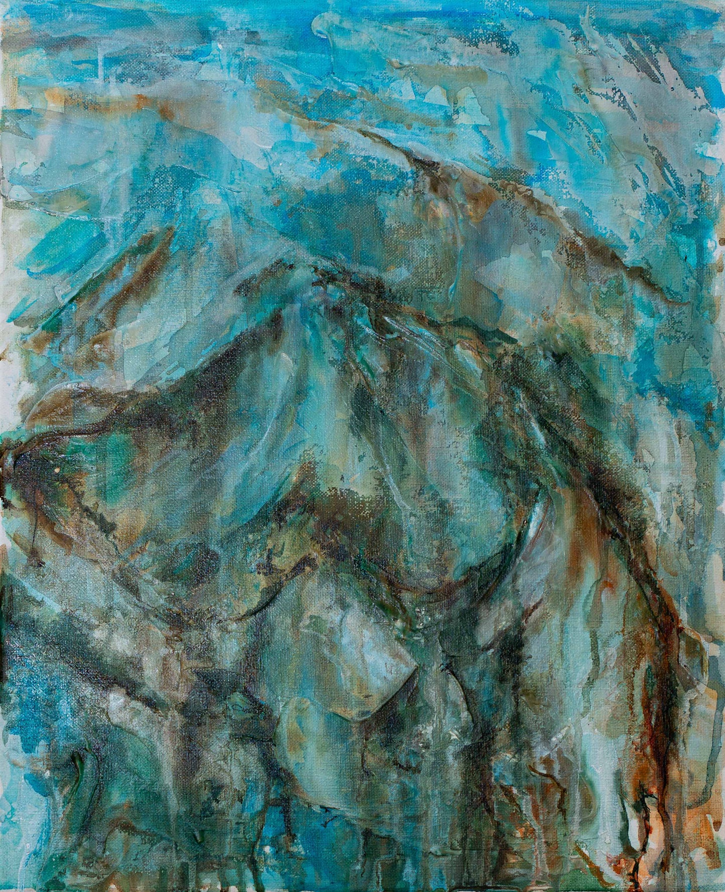 Abstract painting with blue, brown, and gray tones
