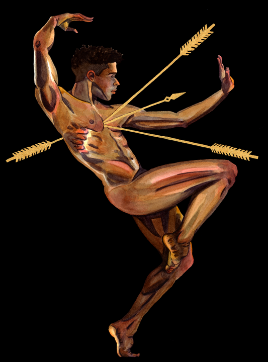 Artistic depiction of a muscular figure with arrows on a black background