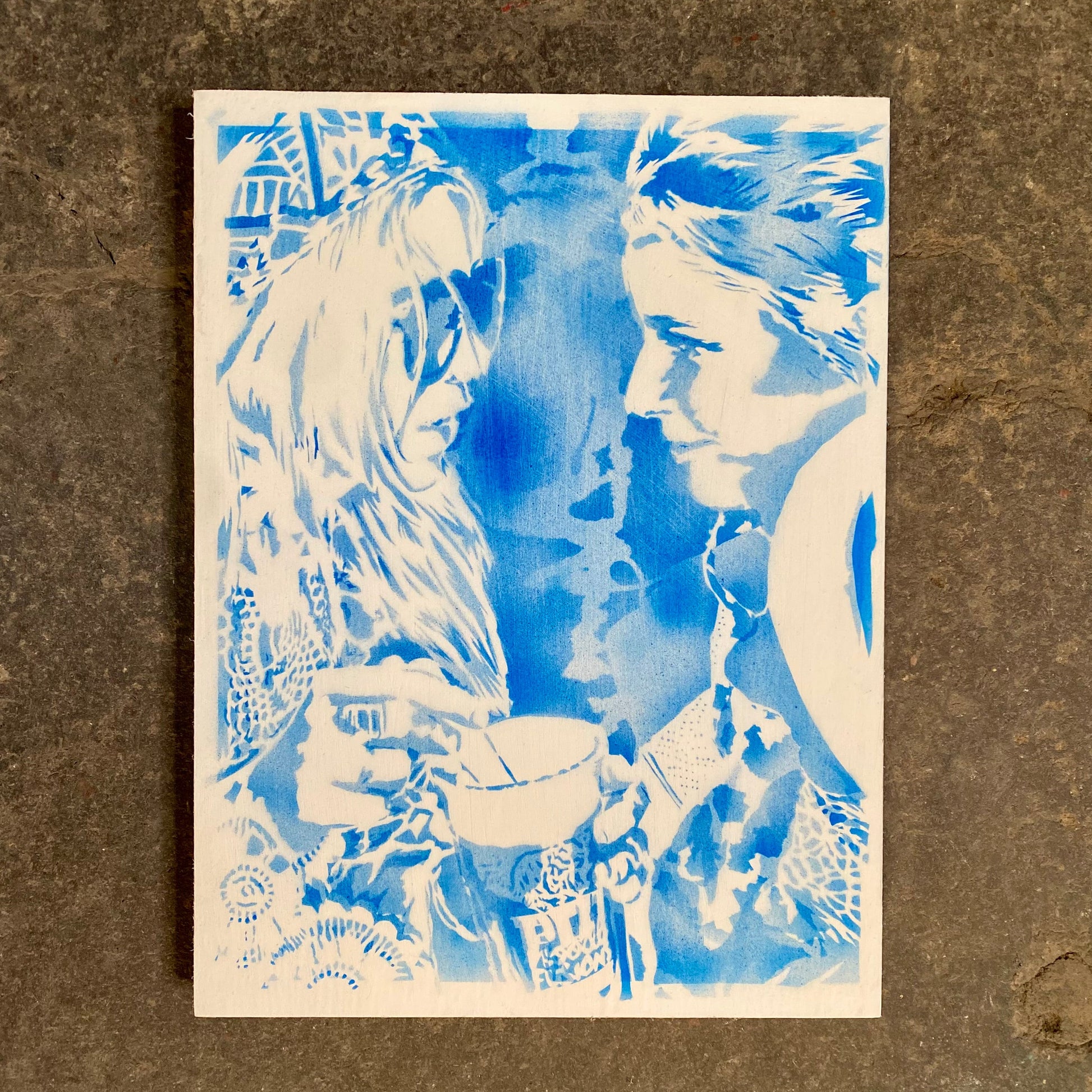 Artistic depiction of two figures with blue and white colors on a textured brown background