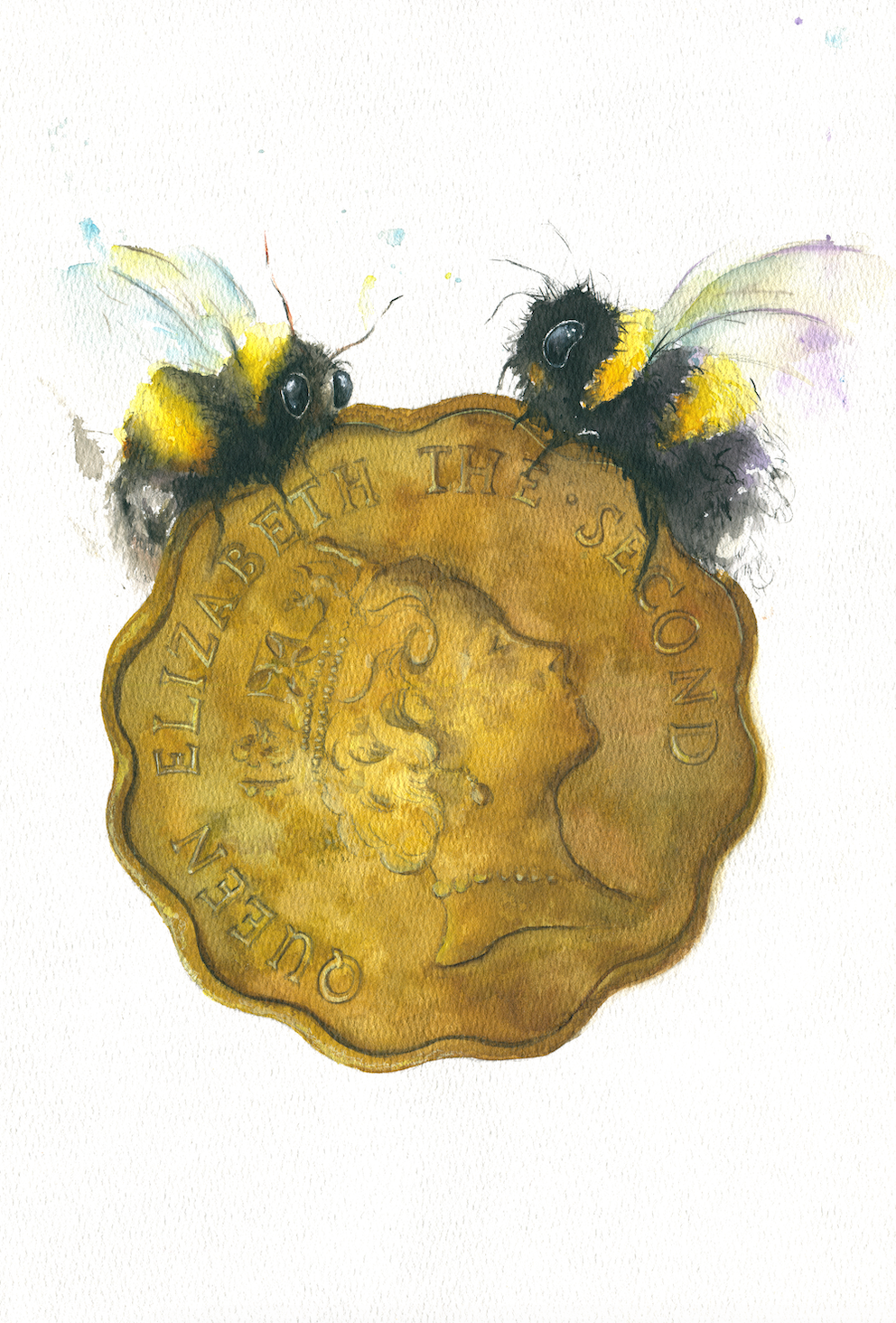 A watercolor painting featuring a coin with the effigy of Queen Elizabeth II and two bees on the side.