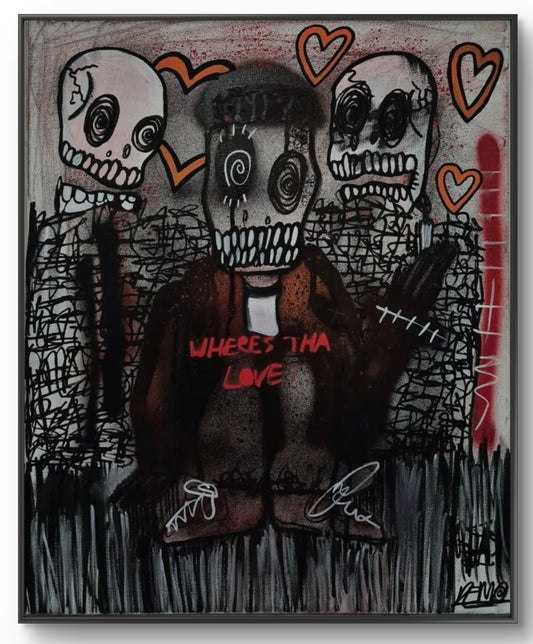 Artistic depiction of a figure with text 'WHERE'S THA LOVE' surrounded by abstract elements.