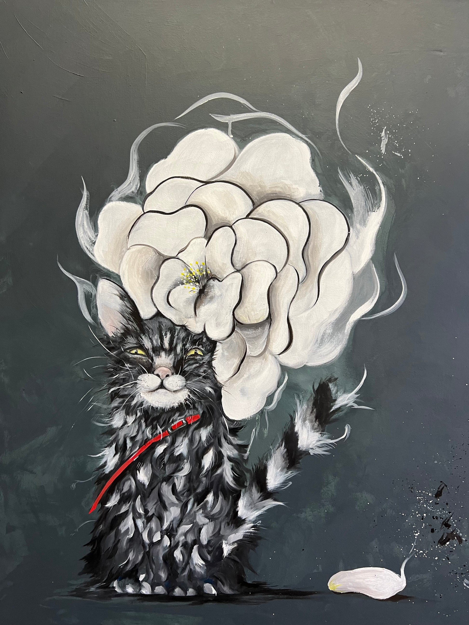 whimsical painting of a fluffy black and white cat with a large, glowing white flower blooming from its head against a dark background, available at HEADS Art Gallery.