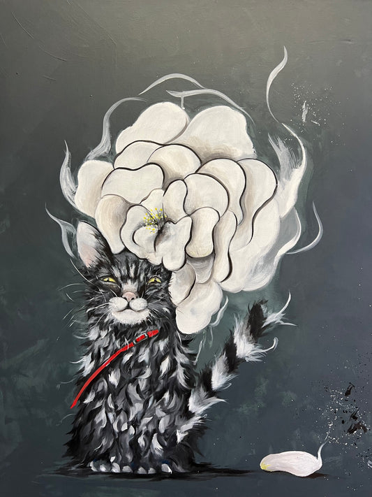 whimsical painting of a fluffy black and white cat with a large, glowing white flower blooming from its head against a dark background, available at HEADS Art Gallery.