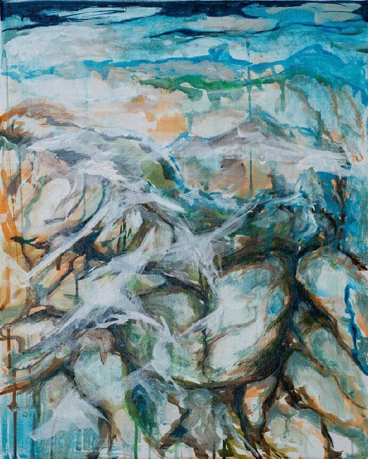 Abstract painting with a mix of blue, green, and brown colors.