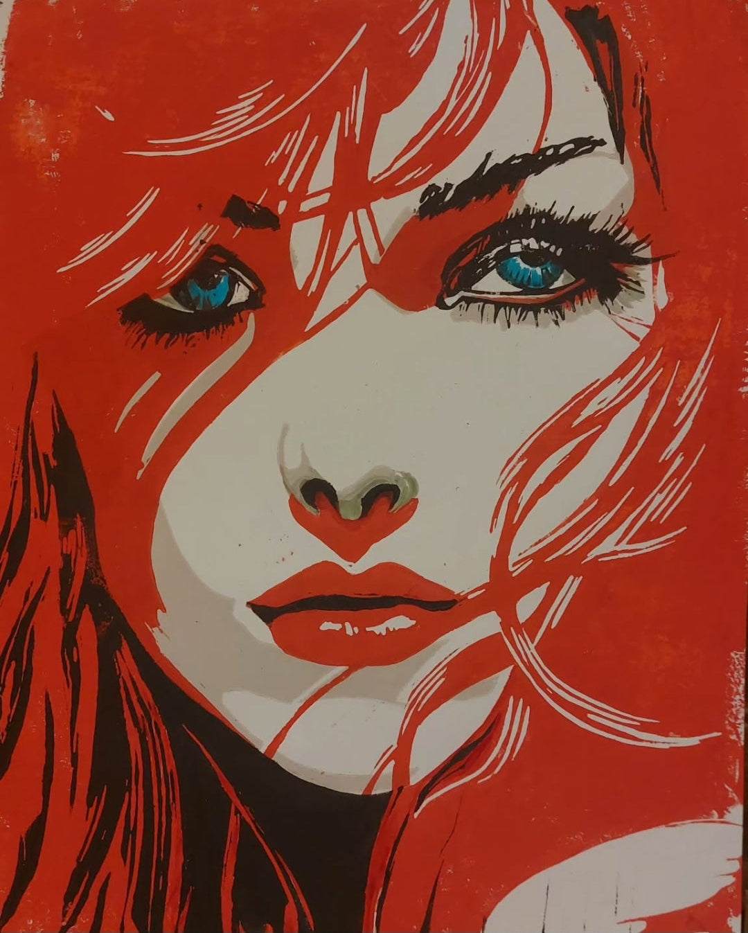 Artistic depiction of a woman with red hair and blue eyes on a red background