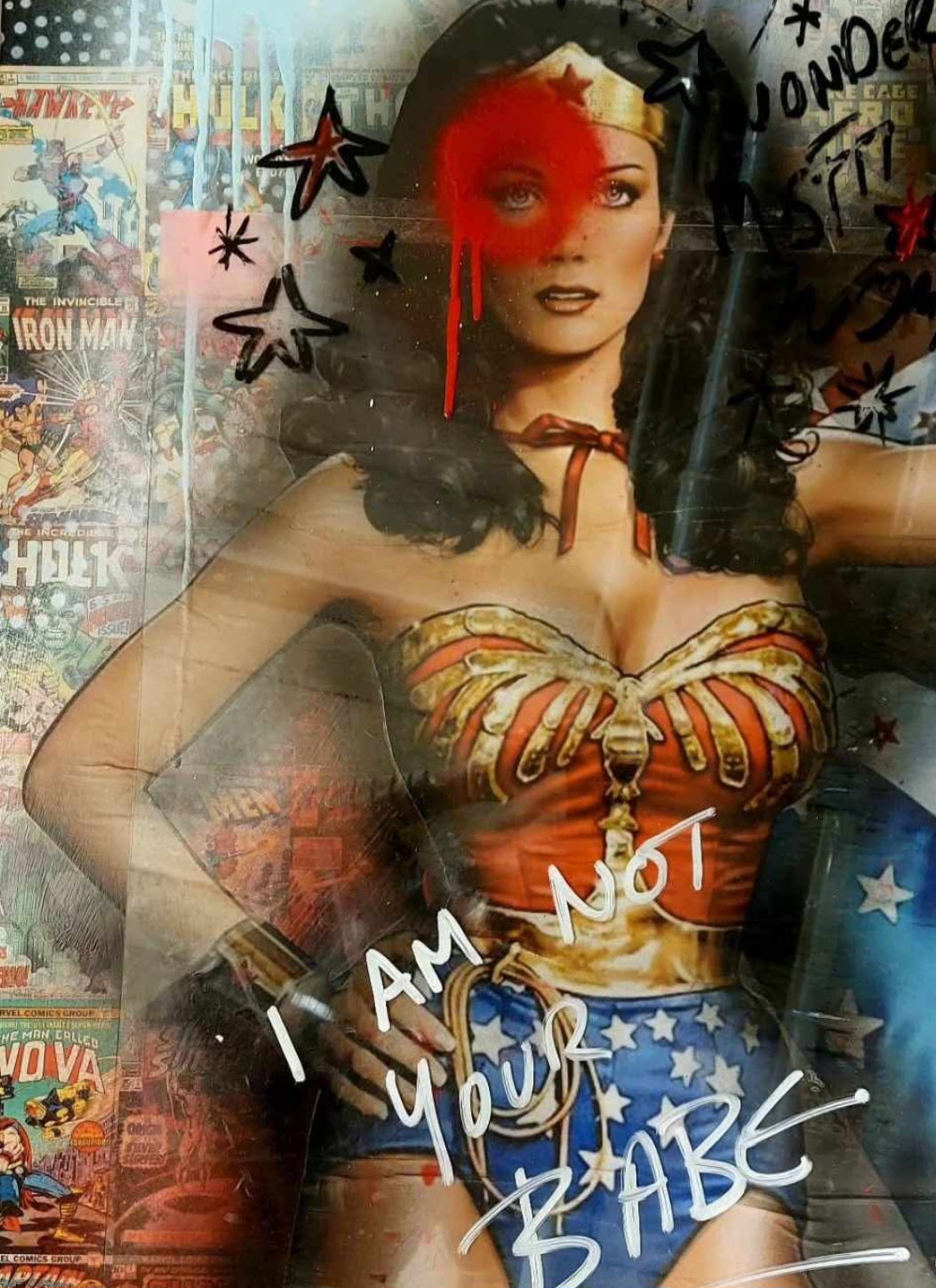 Collage of Wonder Woman with text and comic book background